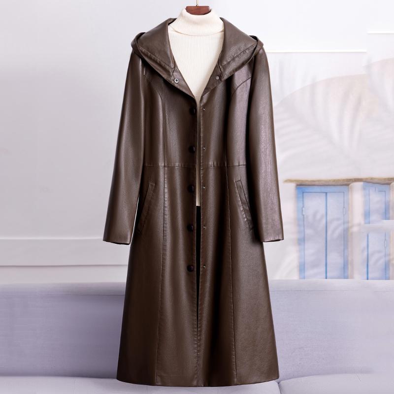 

Элегантный длинный плащ из искусственной кожи для женщин, верхняя одежда, куртки из искусственной овчины с капюшоном, женский топ 6XL коричневый