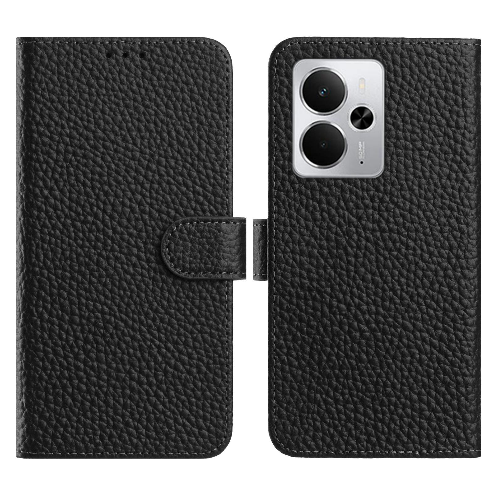 

Flip Phone Case For Realme 14 5G/14T 5G/P3 5G Wallet Stand Litchi Texture Genuine Cow Leather Cover Black
