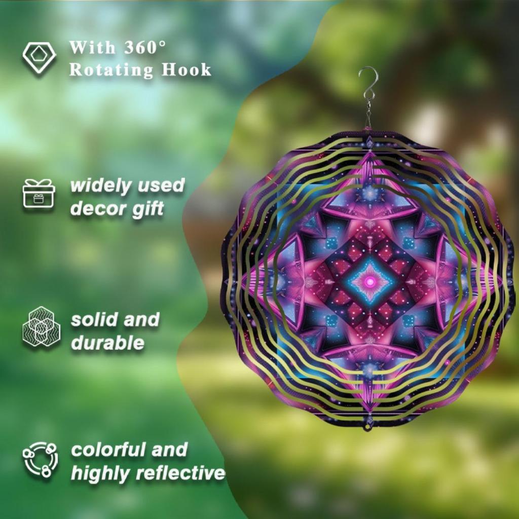 Clopoțel de vânt rotativ 10 inch cu cârlig 360 Decor vibrant de grădină din metal Design geometric artistic Violet Albastru Roz Cadou pentru toate anotimpurile