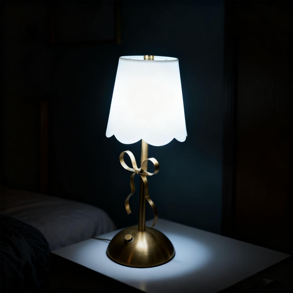 Bow Table Lamp with Fabric Shade Cute Decorative Metal Rechargeable Cordless Bedside Lamp for Bedroom