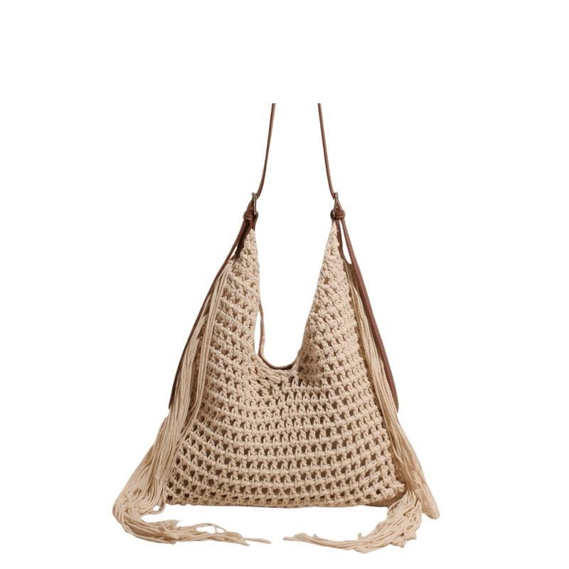 Vintage tassel hollow braided underarm bag women's summer versatile hand-woven vacation shoulder tote bag