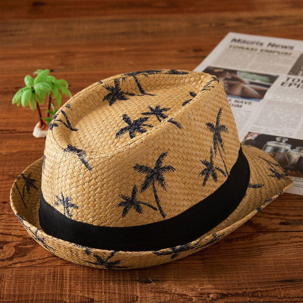 Wide Brim Beach Cap Coconut Trees Pattern Panama Cap Summer Jazz Hat  Children Kids
