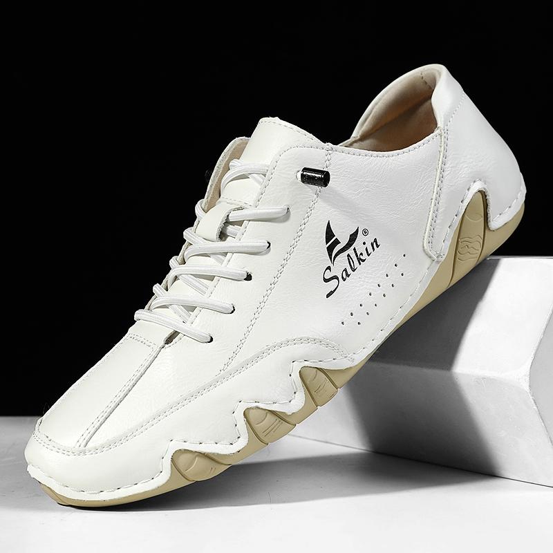 New 2026 Handmade Leather Casual Men Shoes Design Outdoor Sneakers Slip On Loafers Breathable Low Top Flats Driving Plus Size