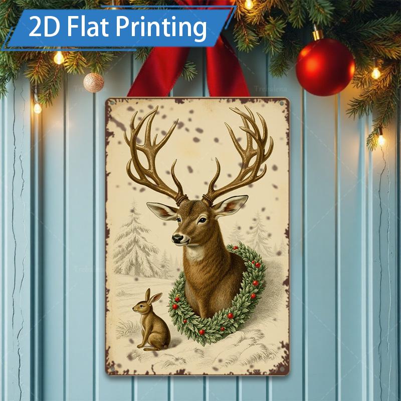 D FLAT pc Metal Sign Merry Christmas Deer Scene D Flat Printed Metal Sign 20x30cm(7.8x11.8inch)