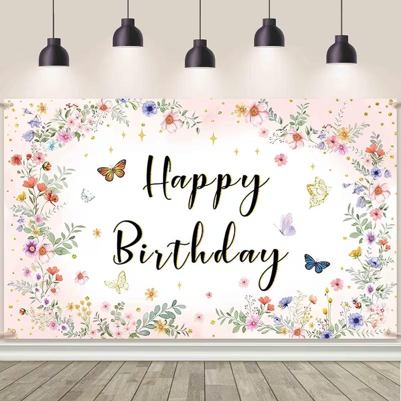 

2D Watercolor Flower Birthday Party Banner, Floral & Butterfly Backdrop for Girls Birthday Photo Booth 47.2x31.5inch/120*80cm