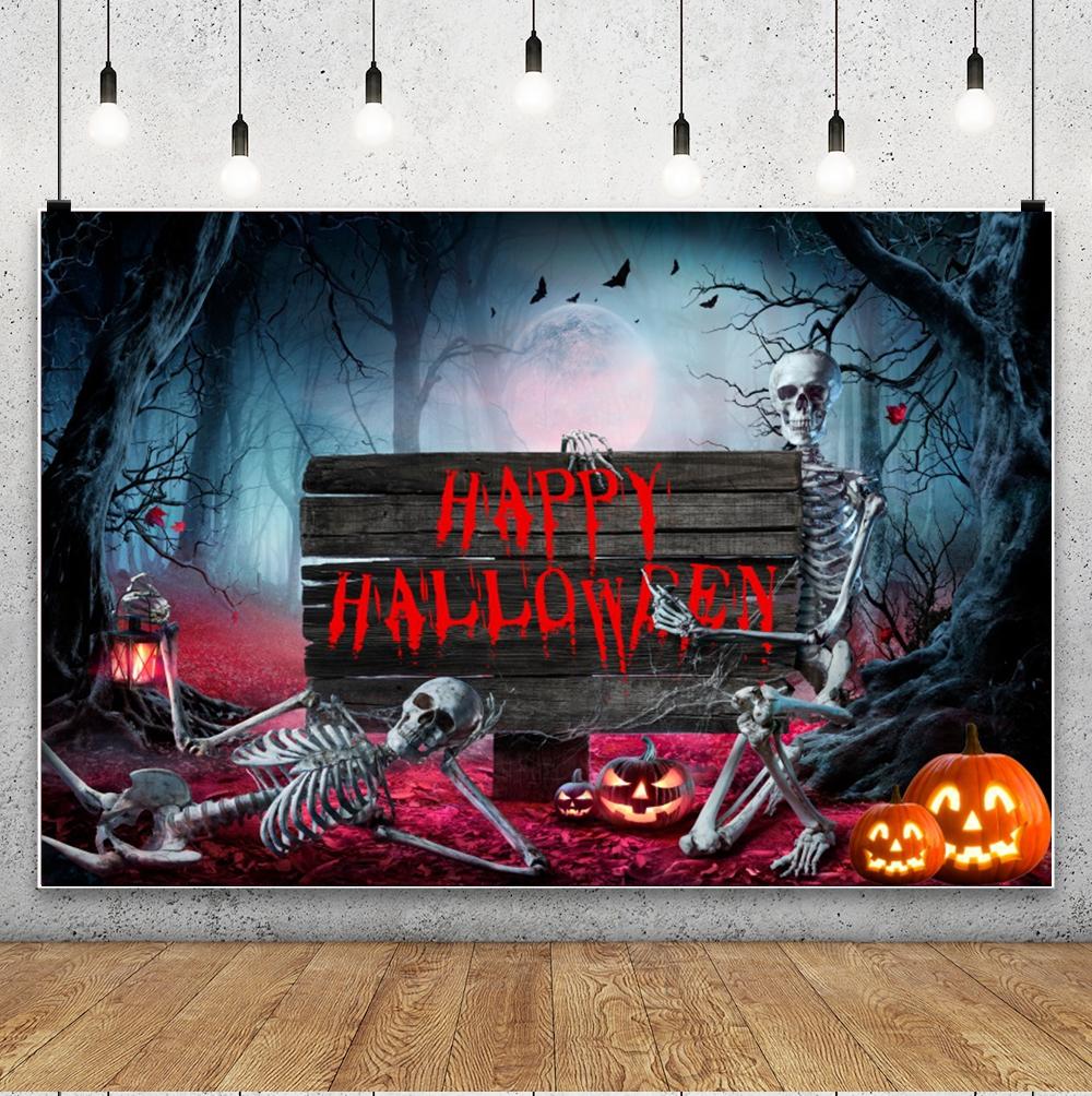 Happy Halloween Skeletons Photography Backdrop Spooky Forest Moonlit Pumpkin Lantern Party Decor Photo Studio Props Background