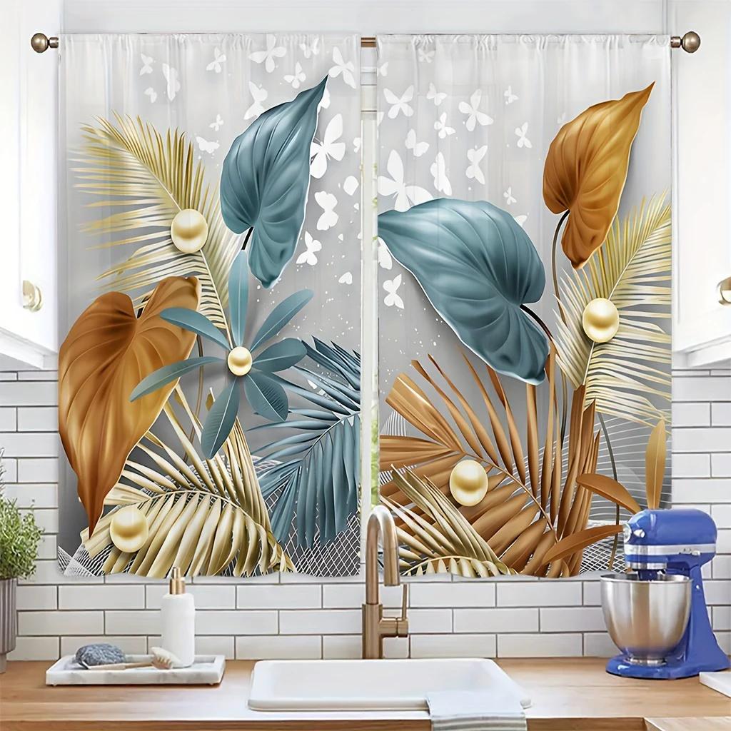 

Retro Art Abstract Golden Butterfly Leaf Printed Curtains Pole Bag Home Decoration Room Made Of Polyester W100*H70(CM)-Hooks&2PCS