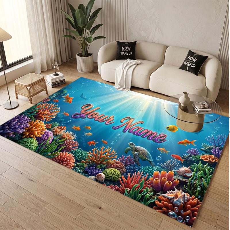 Fish Ocean Theme Soft Crystal Velvet Rug Custom Name & Text Print Non Slip Floor Rug for Bedroom Living Room