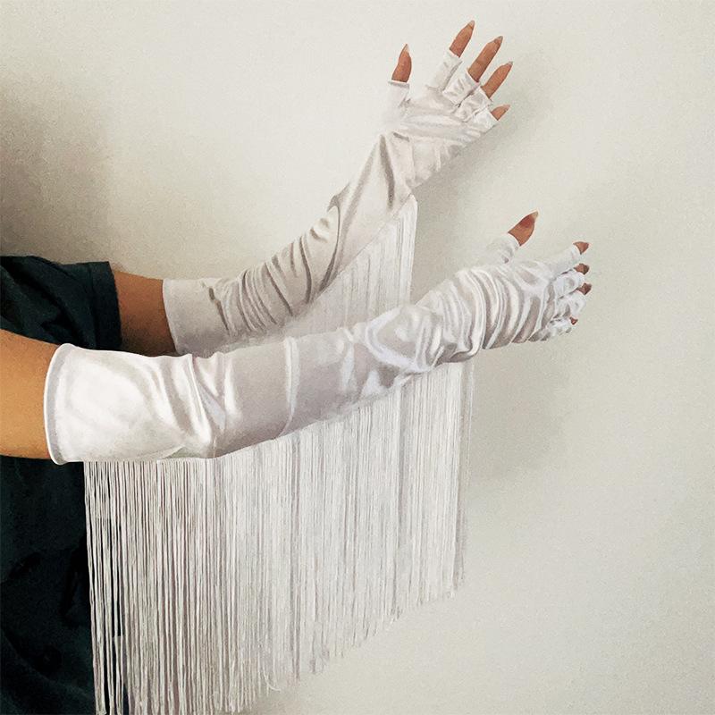 

Перчатки с кисточками для выпускного вечера, Хэллоуина, панк-перчатки с половиной пальца, сенсорные, костюмные, для выступлений белый