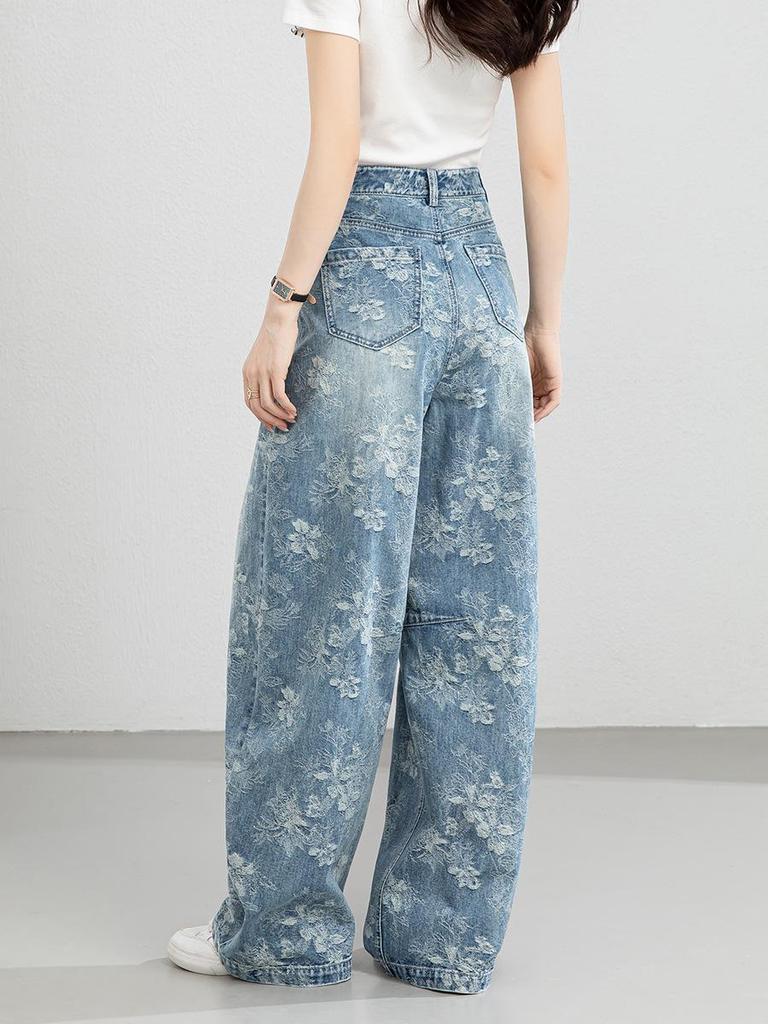 Xinge Women's 2026 Spring High-Waist Jacquard Denim Pants - Loose Wide-Leg, Retro Straight-Leg, and Floor-Length Design.