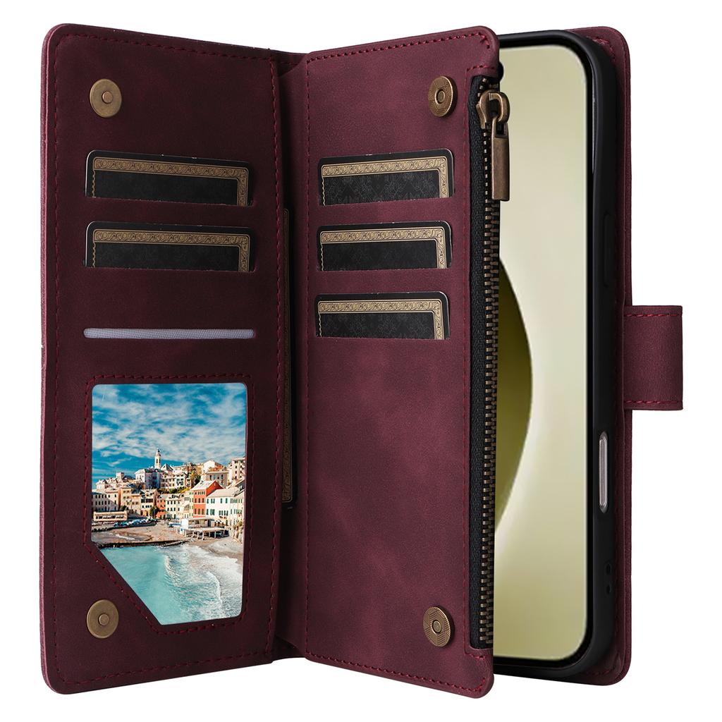 For iPhone 16 Pro Case Zipper Multi-Pocket Wallet Leather Phone Cover with Shoulder and Wrist Straps