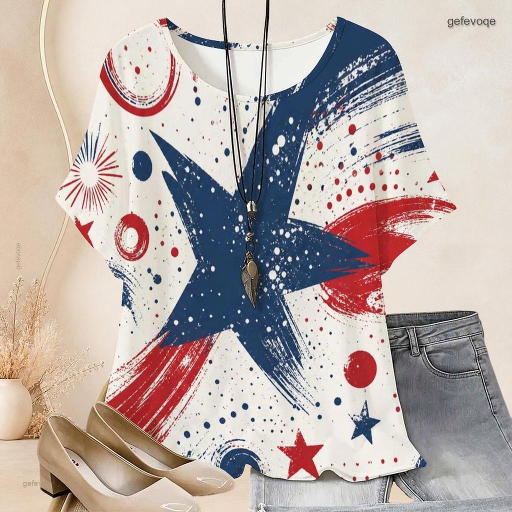 Women Plus Size Loose Batwing Sleeve Top Round Neck Colorful Heart Print Casual Short Sleeve Tunic Blouse