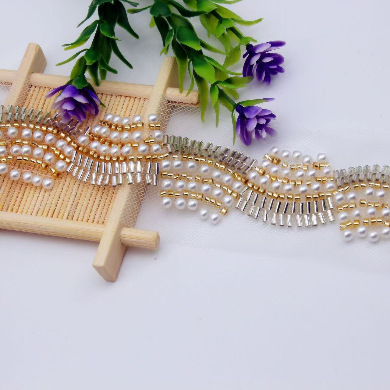 RYL Gold Korean-style Handmade Nail Bead Lace Various DIY Collar Waist Belt Hair Accessory Glass Bead Imitation Pearl Lace Trim
