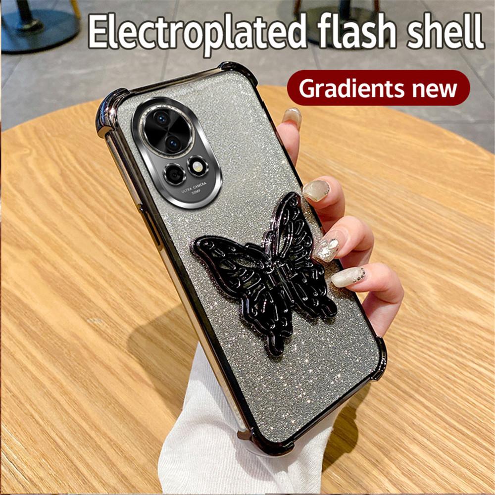 Shockproof Glitter Butterfly Holder Stand Phone Case For Huawei Nova 13 Pro 12 11 10 9 8 7 6 5 Pro SE Plating Soft Silicon Cover
