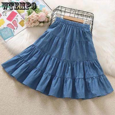 Girls Denim Skirt Summer A-line Thin Cake Skirt Pleated Skirt