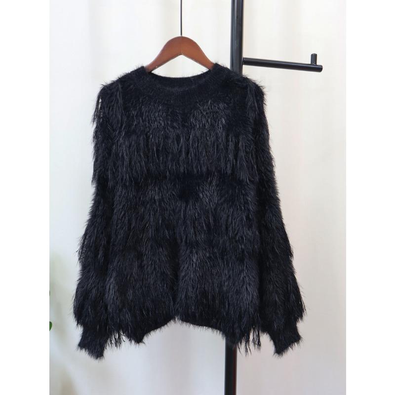 Soft Waxy Imitation Mink Fleece Knitted Sweater Top Women's Autumn and Winter New Tassel Design Loose Sweater Pullover
