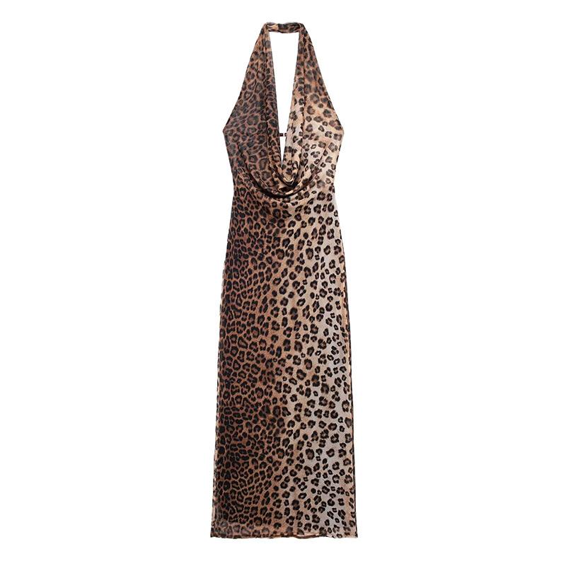 Elegant Leopard Print Long Dress Women Sexy Sleeveless Backless Halter Vacation Maxi Dress Fashion Beach Party Robe