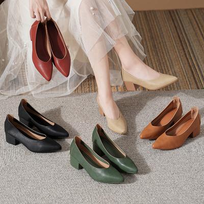 Sharp Pointed Single Shoe Women's Middle Heel 2025 New Spring and Autumn Versatile Soft Leather Shallow Mouth High Heels