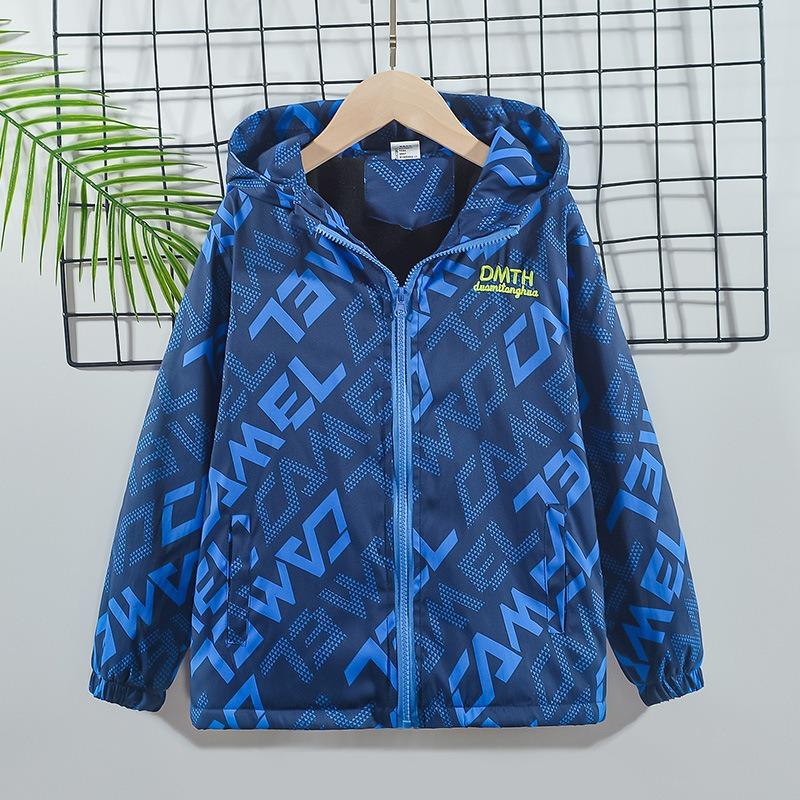 Children's Clothing Spring and Autumn Boys Plus Velvet Windproof Jacket Children's Baby Jacket Jacket Hooded Windbreaker