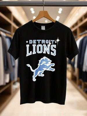 Unisex's Print T-Shirt - Detroit Logo Lions With Sparkle Effect Casual Round Neck Short Sleeve Tee For Urban Streetwear, All-Season Comfort Fit-White