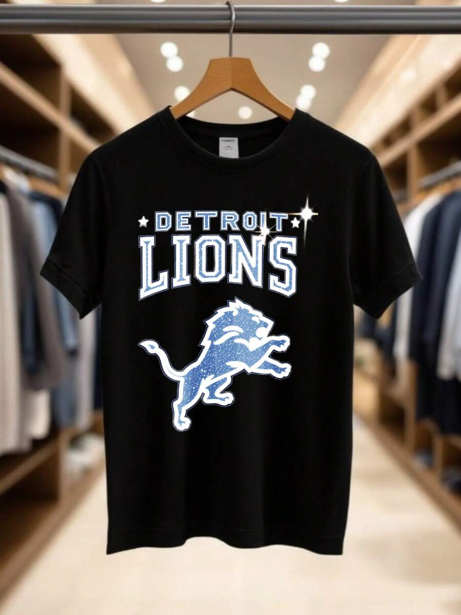 

Unisex s Print T-Shirt - Detroit Logo Lions With Sparkle Effect Casual Round Neck Short Sleeve Tee For Urban Streetwear, All-Season Comfort Fit-White M