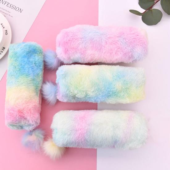 Plush Pencil Case Octagonal Shape Large Capacity Pencil Pouch Gradient Colors Zipper Storage Pouch for Stationery Cosmetics And Personal Items