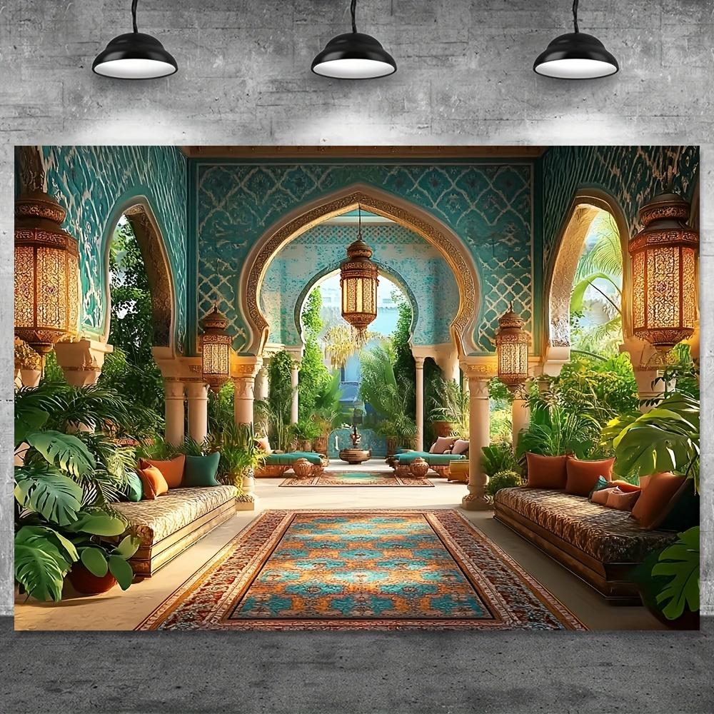 A delicate Moroccan-style nighttime celebration banner - depicting an Arab courtyard scene, lush green plants and decorations