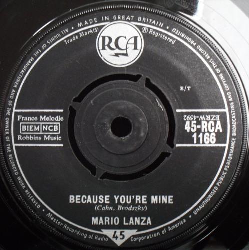 

7inch Record MARIO LANZA - Because You re Mine 45RCA1166 RCA 1960 UK Classical Used