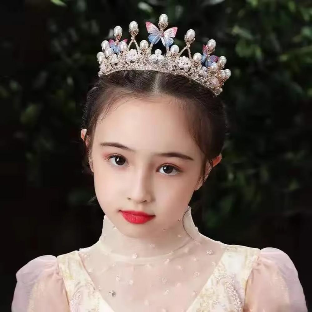 Pearl Crystal Princess Handmade Rhinestone Tiaras Crown for Girl Birthday Wedding Party Catwalk Queen Diadems Butterfly Decor