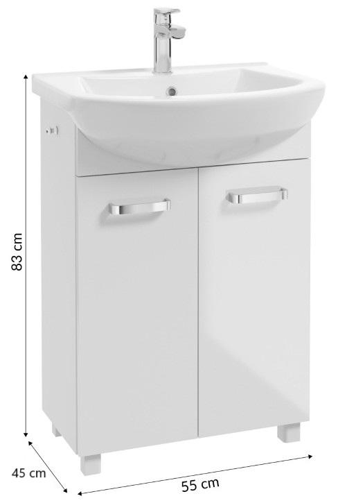 Bathroom cabinet with a washbasin on legs 85x60, standing white Mila with an elongated chrome tap