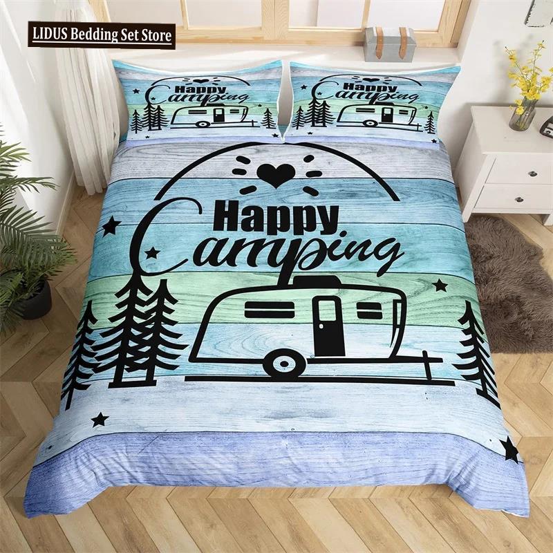 Šťastné kempování Povlak na přikrývku Queen Kreslený Karavan Kempingová Ložní souprava Styl Farmy 3D Obal na přikrývku Camper s povlaky na polštáře