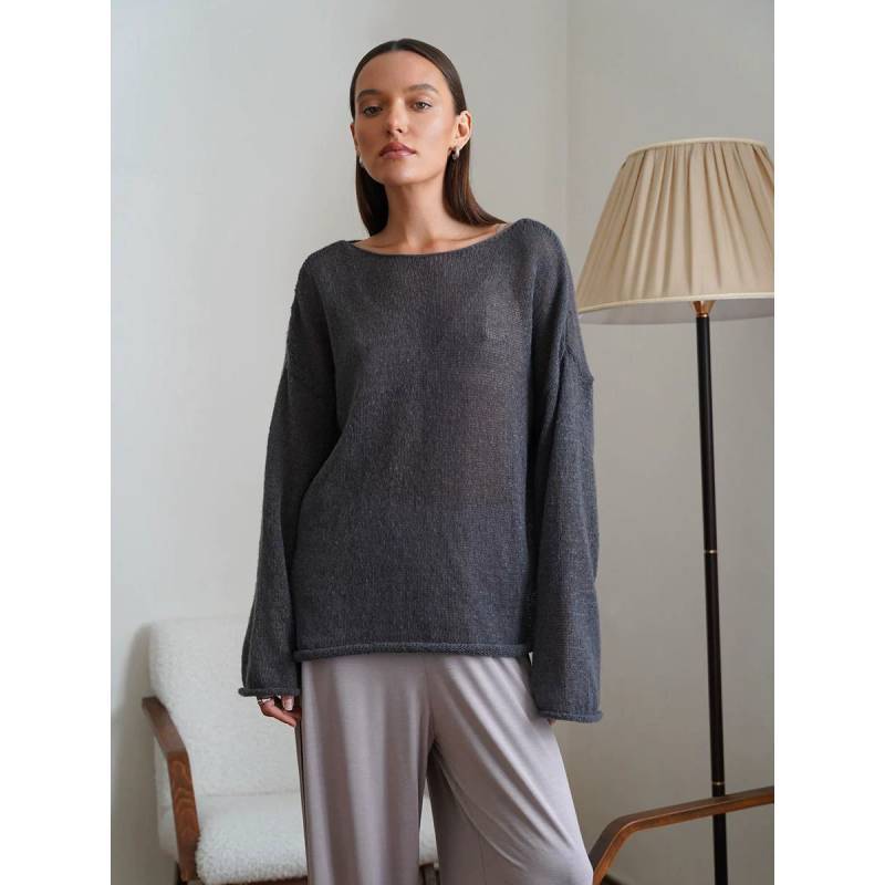 Polyester Knit Sweater With Openwork Lace Design Bell Sleeve Round Neck Summer Layering Top