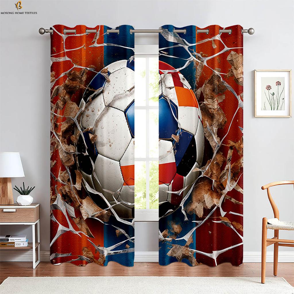 Durchbrich die Ziegelmauer Cool Fußball 3D-gedruckte Vorhänge Kinderzimmer Wohnzimmer Küche Schlafzimmer Dekorative Vorhänge 2 Stück