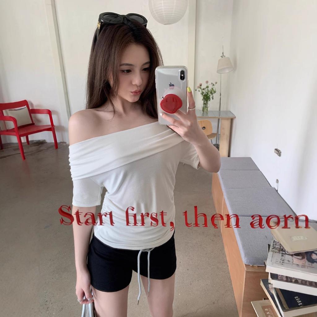 French One-word Shoulder Short-sleeved T-shirt Women's Summer High-end Temperament Off-the-shoulder Hottie Pure Desire To Look Thin Chic Top Ins