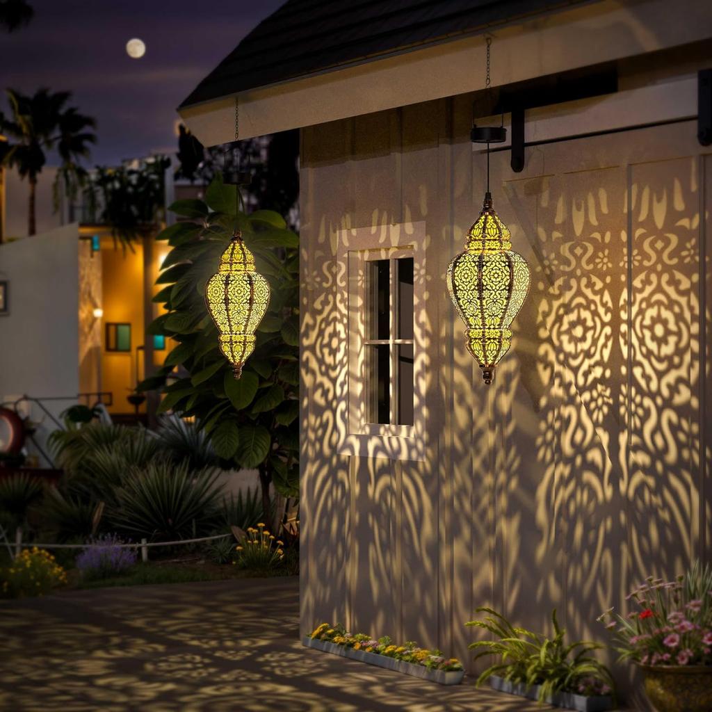 Moroccan Solar Lights Outdoor Lantern Gold Garden Decor Waterproof Patio Pathway (2-Pack)