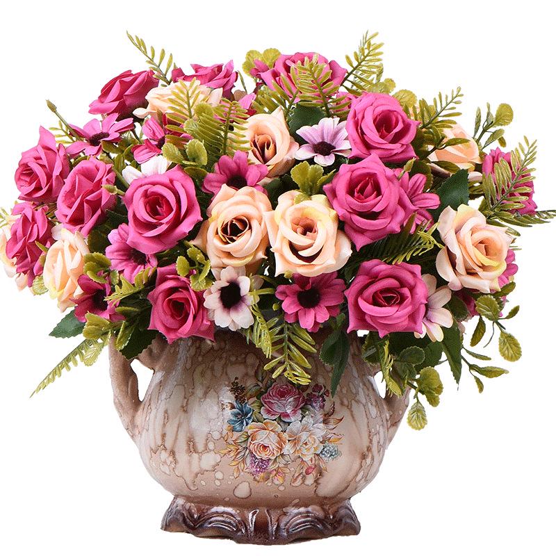 European Rose Silk Floral Arrangement - Artificial Bouquet for Living Room & Dining Table Decor