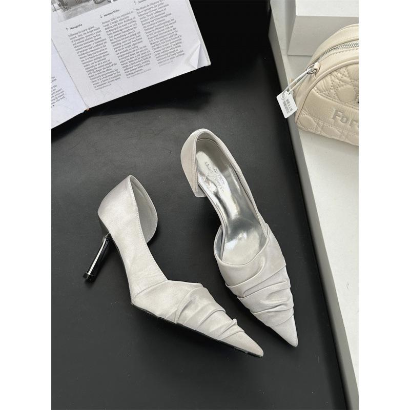 

Noble texture! Cold silver pointed wrinkled high heels women s thin heels shallow mouth side empty shoes 40