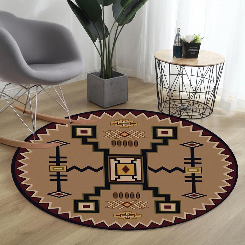 Native American Style Round Carpet Rug Tribal Aztec Geometric Pattern Mat home decoration Red Black Southwest Design 80cm x 80cm