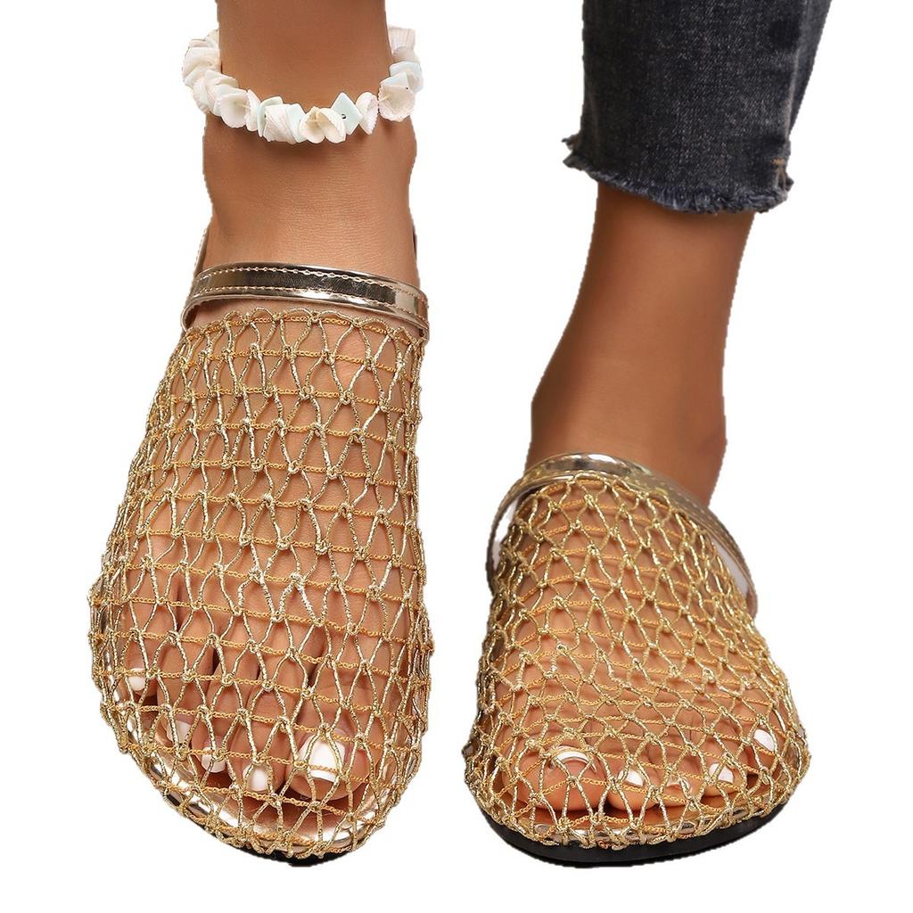 Bling Gold Silver Crochet Net Mule Slippers Woman Brand Design Mesh Flat Sandals Ladies Summer Elegant Hollow Out Fishnet Shoes