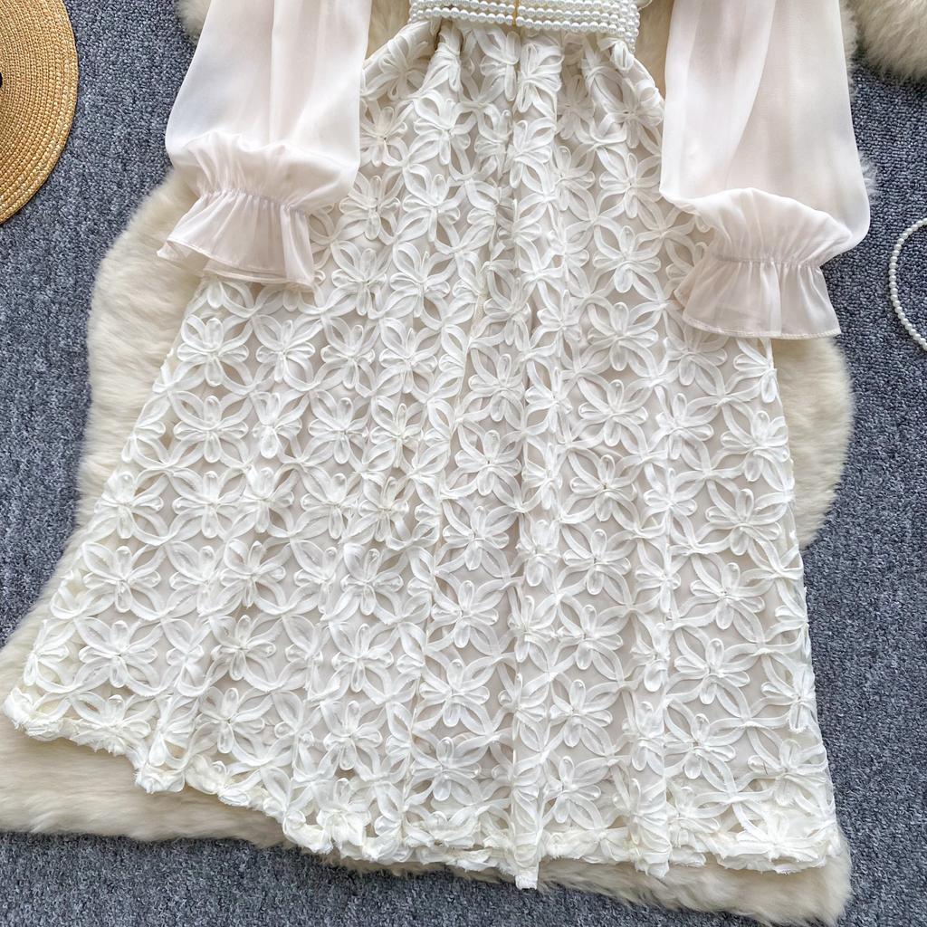 Autumn New Slimming Knee-length Elegant Mesh Dress for Women Luxury Beaded Flower Embroidery Peral Belt Slim Party Dress