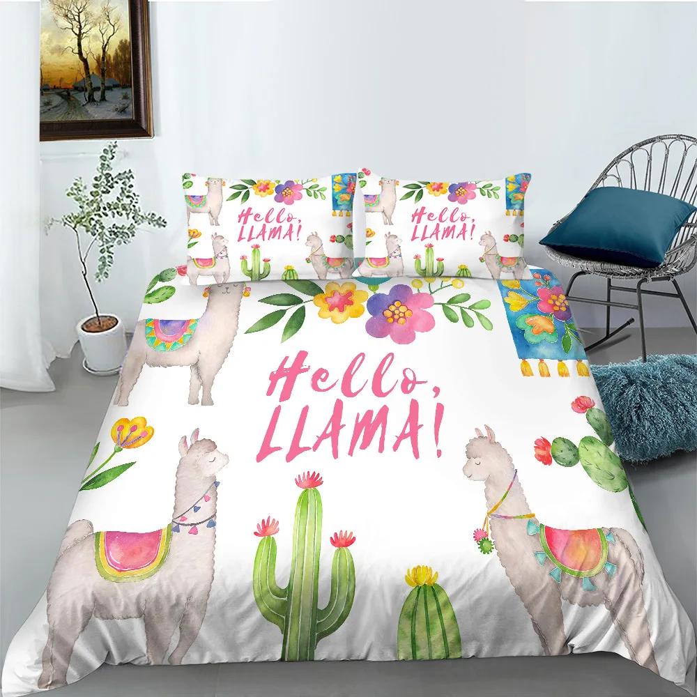 Cartoon Alpaca Duvet Cover King Queen Size Lovely White Animal Bedding Set for Kids Tropical Cactus 2/3pcs Polyester Quilt Cover