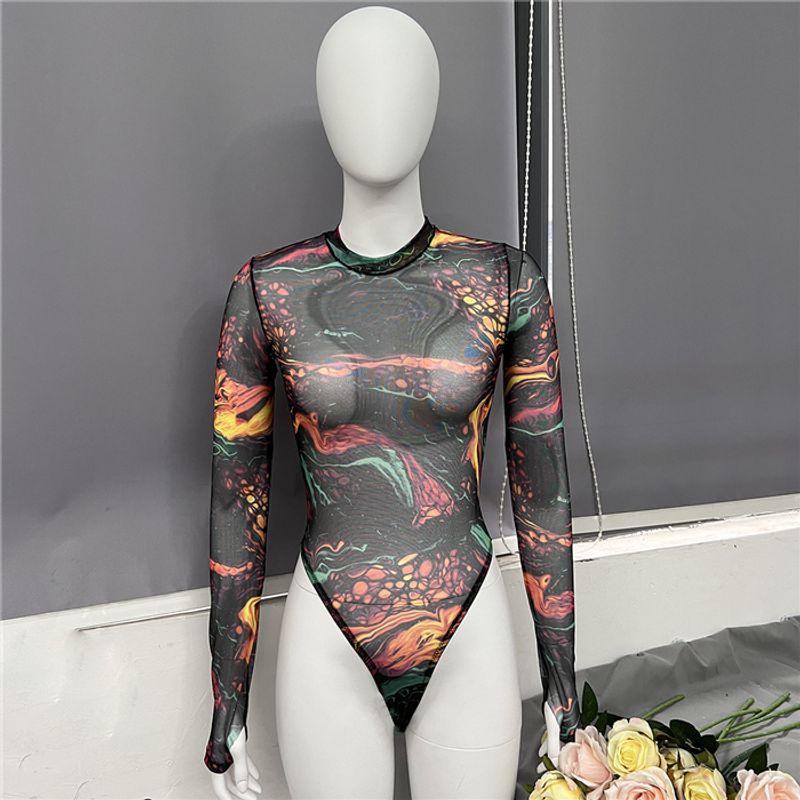 

Sexy Mesh Jumpsuit Tops Female Sexy Mesh Jumpsuit Bodysuit Top Women Tie-dye Brown S
