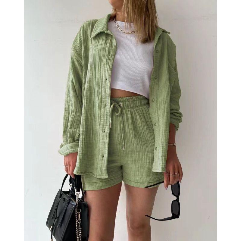 

2025 Summer Women Two Piece Casual Long Sleeve Short S Set Light green 2XL