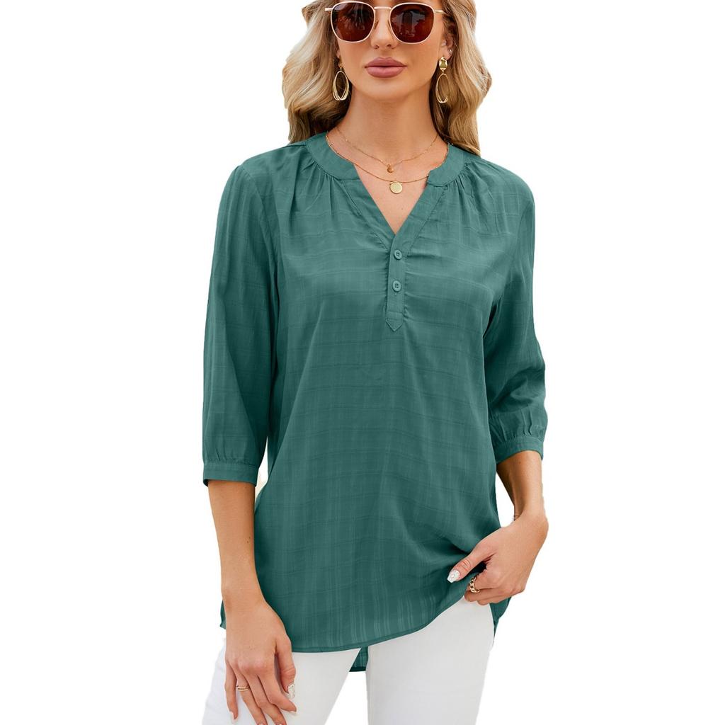 Spring Summer Women's Solid Color V Neck Loose Half Sleeve Casual Top