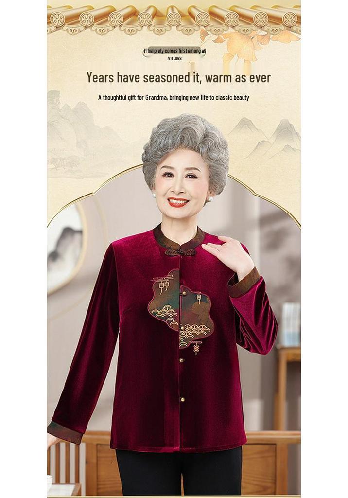 Stylish Long-Sleeve Tang Suit Shirt for Middle-Aged & Elderly Women