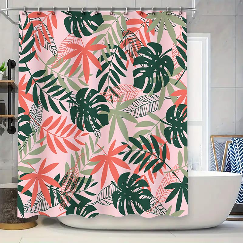 

Modern Tropical Greenery Shower Curtain Pink With Green Red Leaves Bathroom Decor For Home Decoration Supplies (128 Characters) W60H190(CM)-1 Pcs