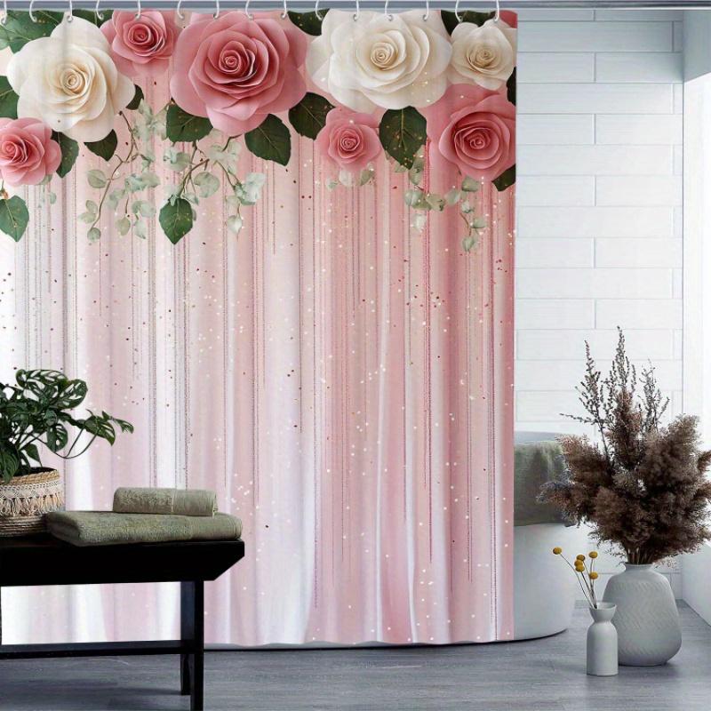 Romantischer Rosa-Weißer Rosen-Duschvorhang mit Glitzerdetails für ein Glamouröses, Floral-Inspiriertes Badezimmer-Dekor-Thema