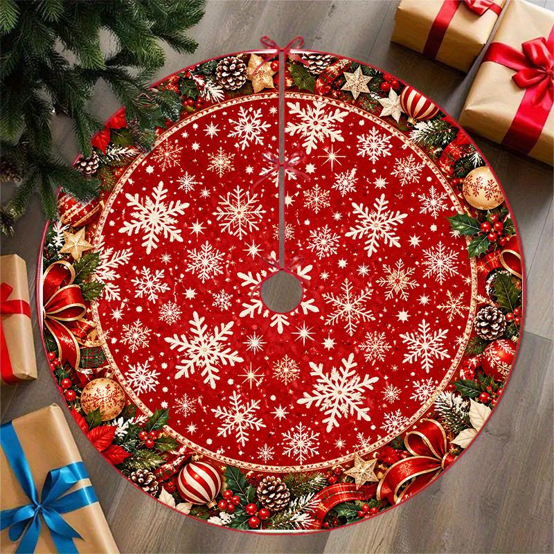 1pc, Tree Skirts, Christmas Tree Base Pads, Round Tree Base Wraps, Center Snowflake Pattern, Multi-Layer Ring Wreaths, Berries And Leaves, Red Backgro