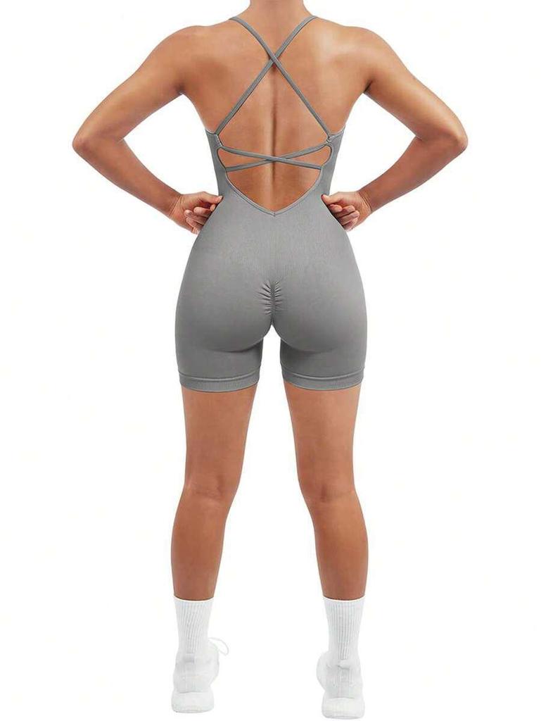 Seamless Peach Butt Yoga Bodysuit with Spaghetti Straps and Open Back