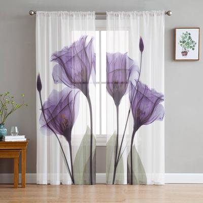 Rideaux de fenêtre abstraits à fleurs violettes pastorales, en mousseline de soie pure, en Tulle, décoration d'arrière-plan de salon de maison